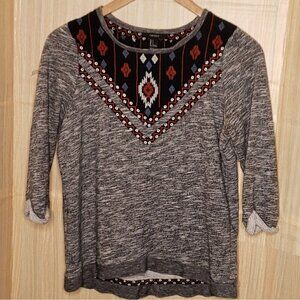 Forever 21 Womens Grey Heathered Southwestern Embroidered Sweatshirt Small
